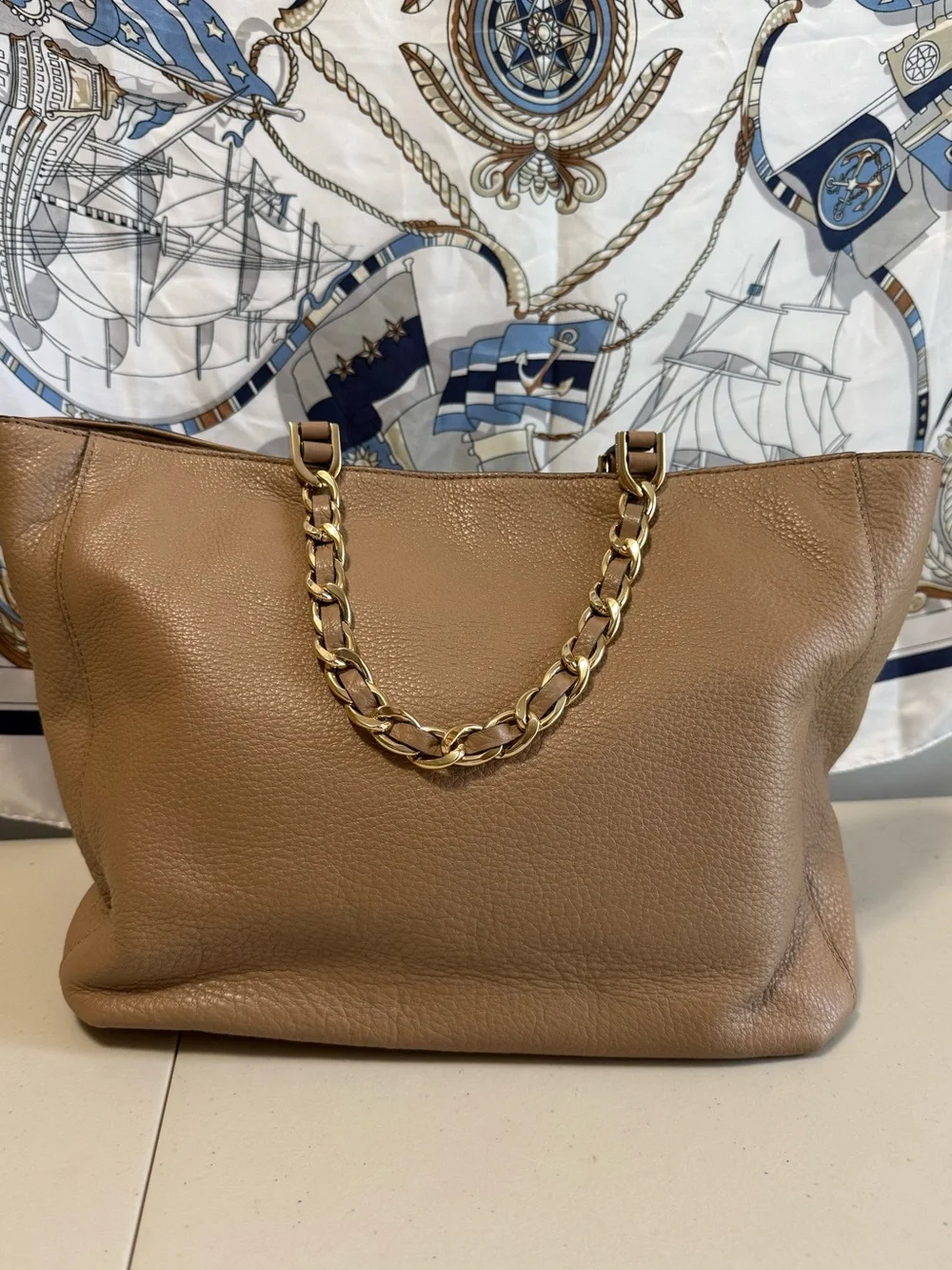 Michael Kors Tan Pebbled Leather Chain-Accent Tote